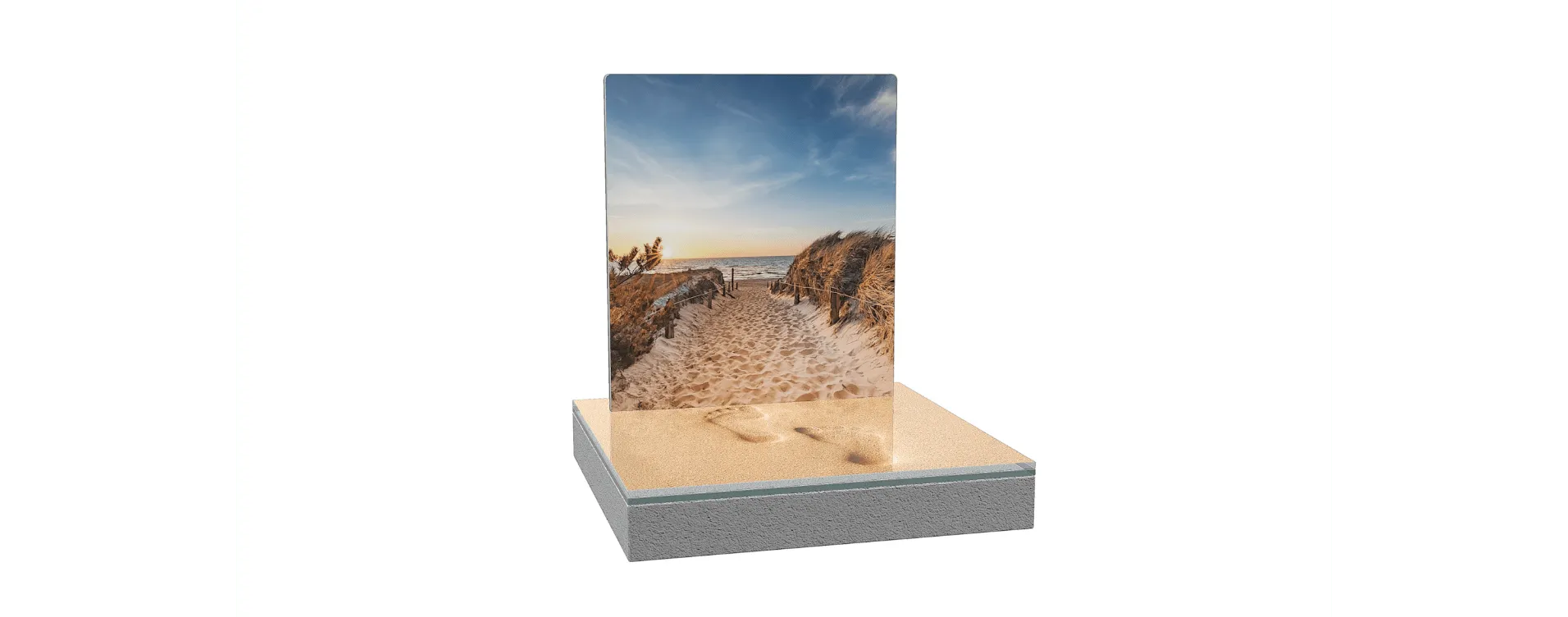 Plaque funéraire personnalisée représentant un chemin dans les dunes de sable vers la mer